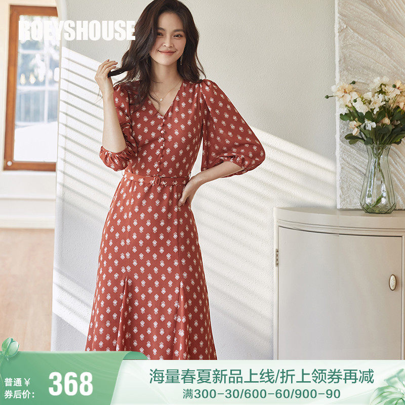 罗衣气质花色连衣裙女2022春装新款灯笼袖系带鱼尾摆中长裙06168