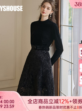 罗衣高级丝绒拼接网纱系带连衣裙春千金风立体花打底大摆裙11475