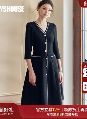 罗衣法式小香风收腰连衣裙女2025秋季新款气质黑色大摆裙子09005