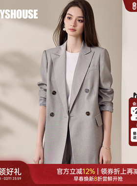 罗衣时尚职业修身西装外套女士2025秋季新款亚麻浅灰色西服11931