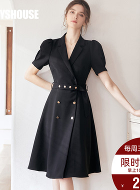 罗衣知性通勤泡泡袖连衣裙女2025夏装新款黑色系带大摆裙子06403