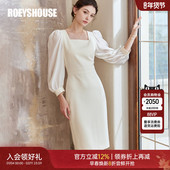 罗衣法式 方领拼接泡泡袖 连衣裙女春气质OL风米杏色包臀裙子08129