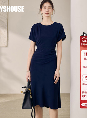 罗衣时尚深蓝色圆领收腰连衣裙女夏气质简约连袖修身A字裙11900