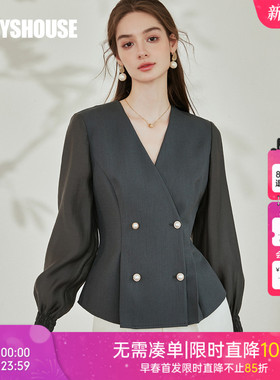 罗衣知性优雅拼接衬衫女2025秋季新款法式V领衬衣修身上衣10078