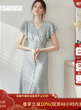 罗衣气质V领荷叶袖蕾丝连衣裙女夏季淡人系灰绿色鱼尾摆裙子06545