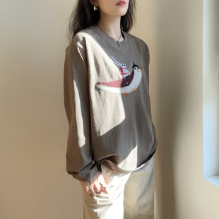 非遗手工绣花工艺内搭外穿圆领宽松刺绣长袖T恤女遮屁股2026早春