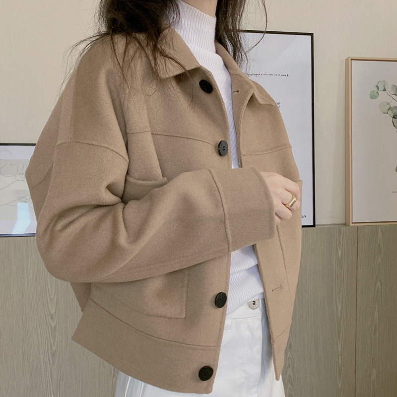 工装风廓形短款羊毛羊绒外套纯色双面呢宽松上衣女欧货秋冬小个子