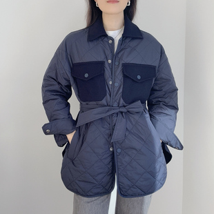 高级感小香风中长款蓝色菱格绗缝棉服拼接羊毛呢大衣外套女小个子
