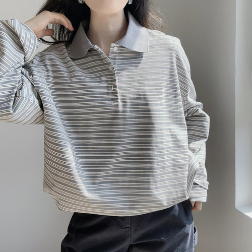MIU系松弛知识分子风POLO领松弛感宽松廓形纯棉长袖条纹T恤女2026