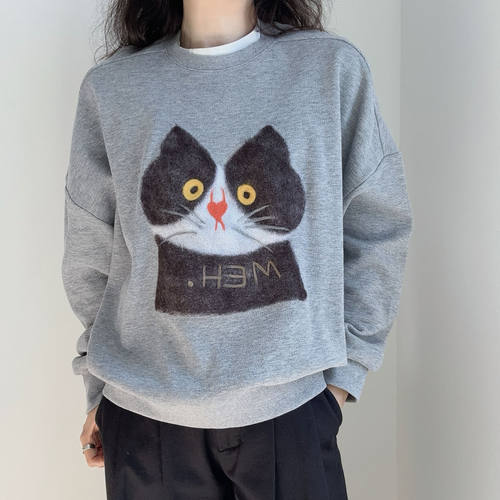 cozy fit灰色100%长绒棉宽松无帽圆领套头动物图案卫衣秋季外套女