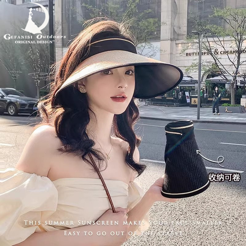 德国空顶防晒帽女士大帽檐夏季新款可收纳防紫外线户外遮太阳帽子