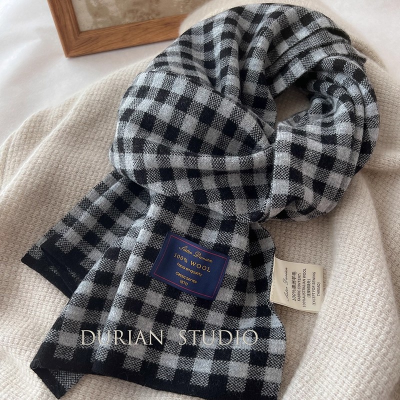 100%纯羊毛格子围巾男女冬季