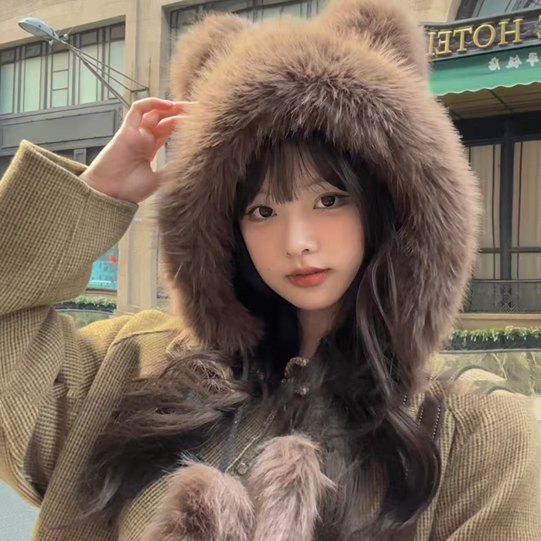 可爱小熊毛绒帽女秋冬季保暖