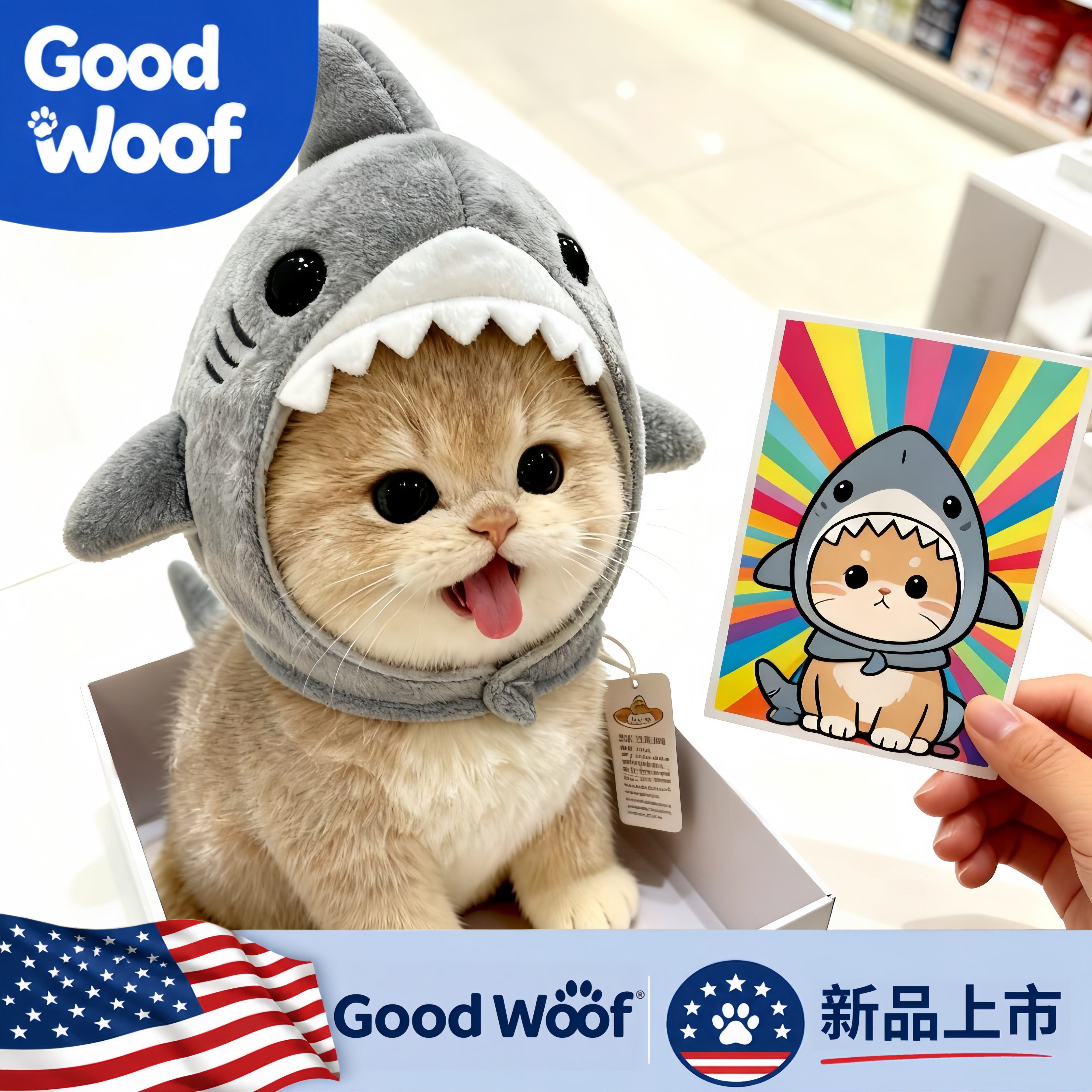 Good Woof宠物可爱鲨鱼毛绒头套秋冬保暖帽子猫狗兔可调节松紧恶