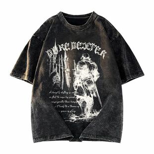 DUKE+DEXTER 美式复古暗黑骑士背影哥特字母印花水洗做旧短袖T恤