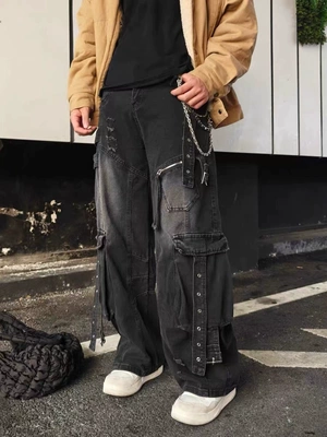 美式复古黑色水洗做旧牛仔裤男女情侣秋季潮牌宽松直筒阔腿工装裤