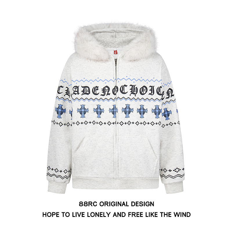 费尔岛花纹加绒连帽卫衣