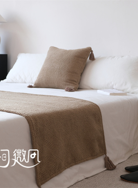 侘寂中古风床尾毯床尾巾搭毯床搭巾盖毯民宿酒店客栈床旗咖色棕色