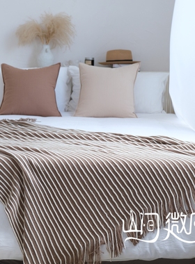 现代简约北欧搭毯床尾巾搭毯民宿床旗沙发搭巾黄色ins条纹床尾毯