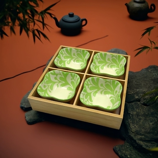 围炉煮茶点心干果盒陶瓷花碟四宫格创意摆盘分格糕点摆盘竹盒套装