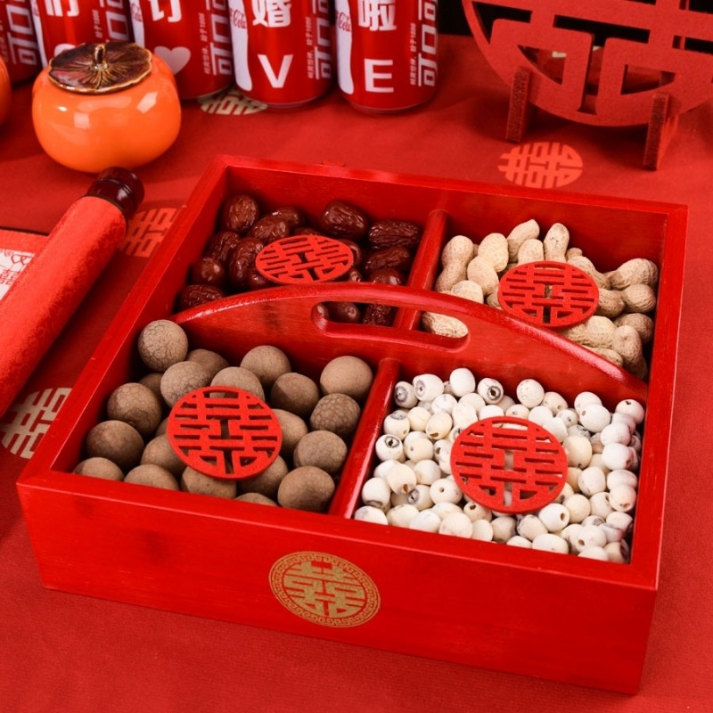 早生贵子结婚压床摆件订婚提篮分格婚床干果组合红枣花生桂圆莲子