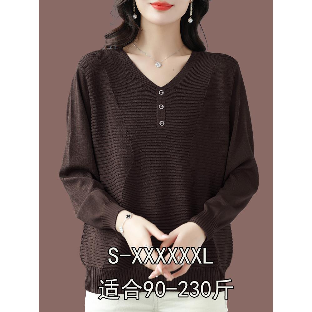 胖姐姐加码加码针织底衫秋季新V领宽松的妇女桑蚕丝t恤妇女的上衣