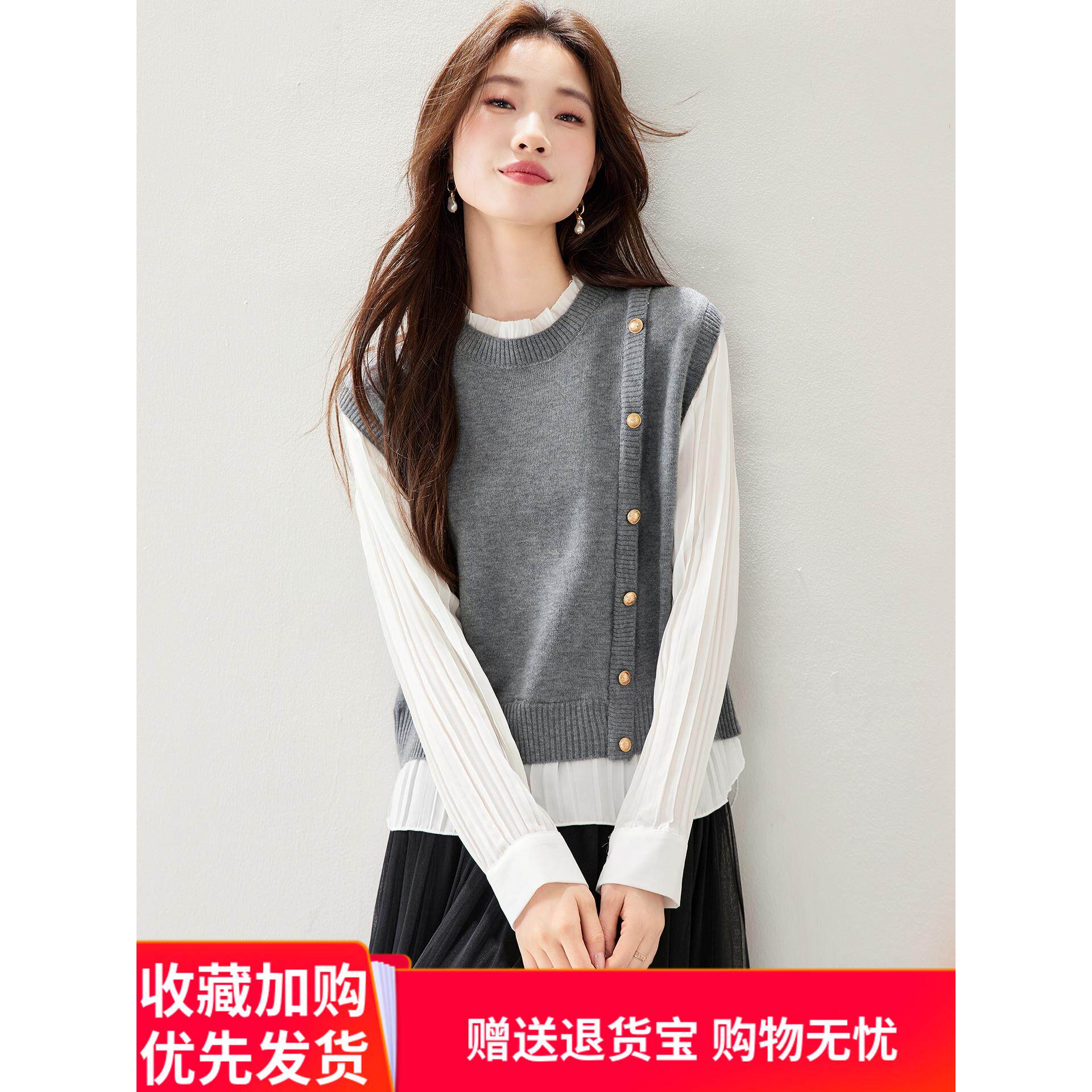 高端气质长袖圆领短款衬衫女新款春秋新款针织拼接假两件衬衣上衣