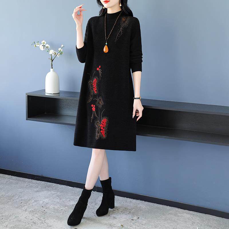 法兰绒毛衣裙女秋冬中长款胖妈妈时尚大码印花宽松显瘦羊毛打底裙,女装/女士精品,连衣裙,淘宝优惠券,粉丝福利购,淘宝优惠卷