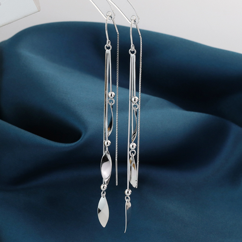 S925纯银耳线女韩版气质菱形扭片耳环女长款流苏叶子时尚轻奢