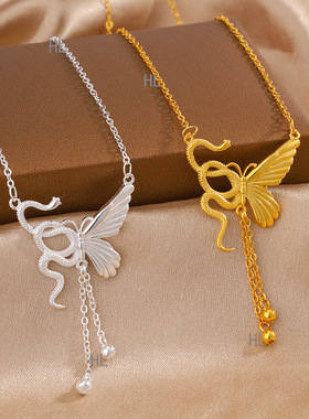 S999足银灵蛇与蝶蝴流苏项链女轻奢小众设计不对称高级感锁骨