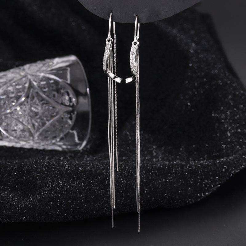 S925纯银波浪菱形流苏耳线高级感轻奢时尚耳环女流苏长款跨境