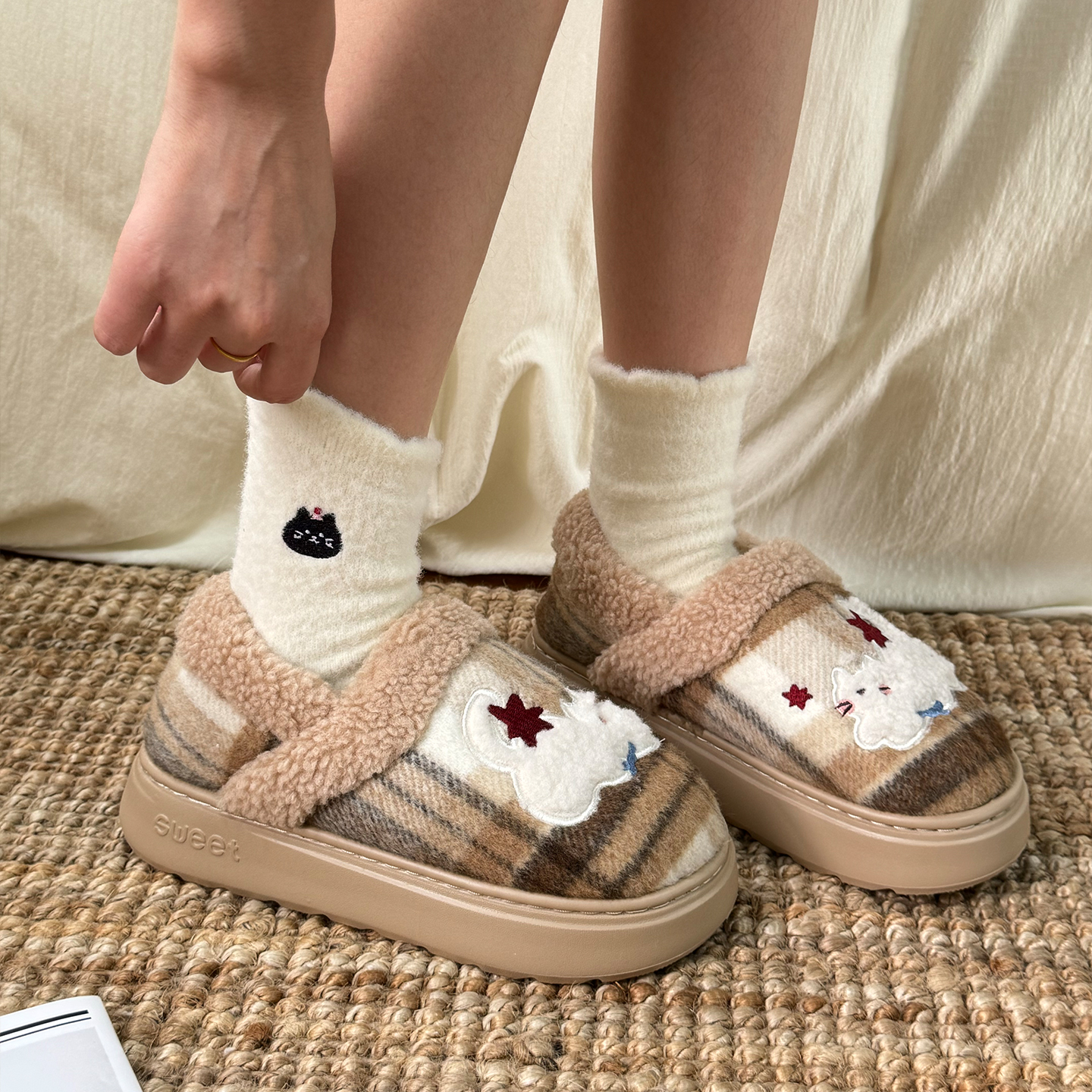 情侣可爱卡通小猫棉鞋女厚底保暖