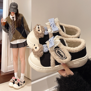 外穿厚底加绒保暖雪地靴 新款 可爱卡通毛绒熊魔术贴棉鞋 女2024冬季