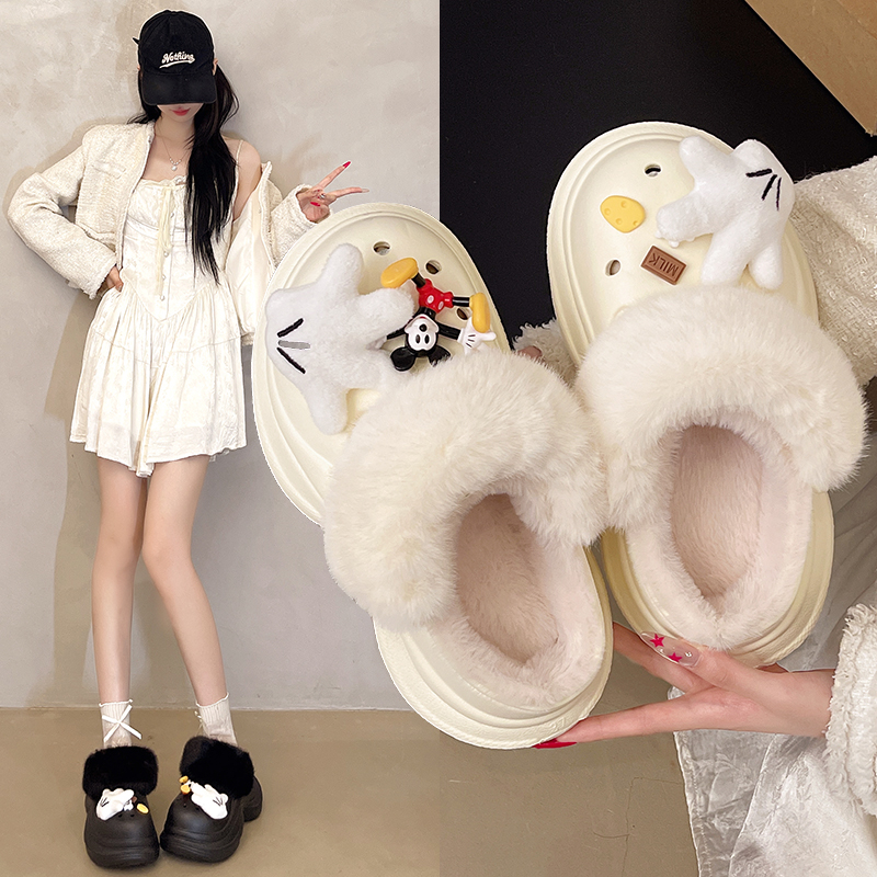 可爱卡通加绒洞洞鞋女厚底防滑