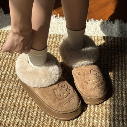 HelloKitty毛绒雪地靴女2025秋冬新款外穿厚底加绒保暖防滑棉鞋潮