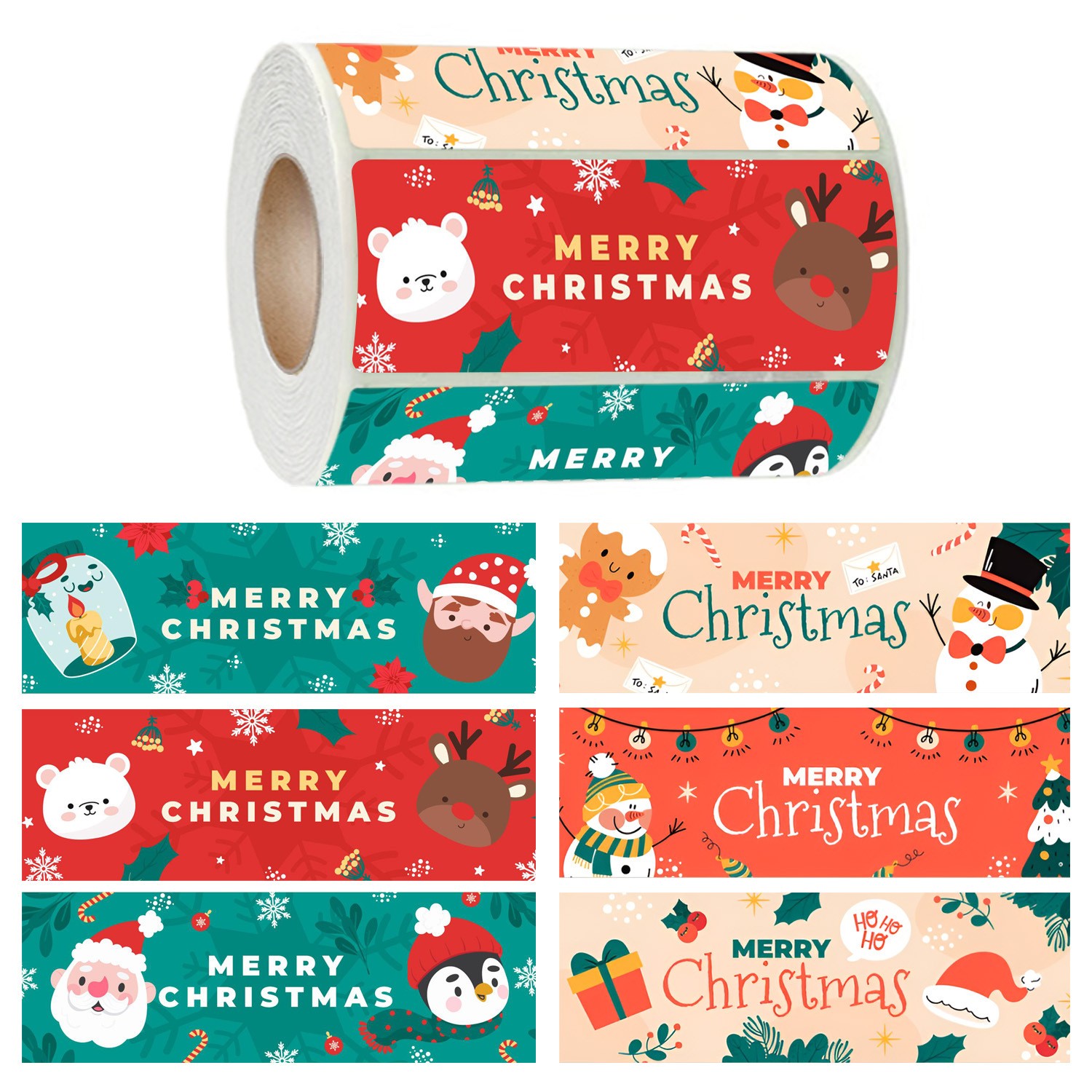 300枚 圣诞卡通横条贴纸礼物包装装饰贴糖果袋圣诞节礼盒封口贴纸