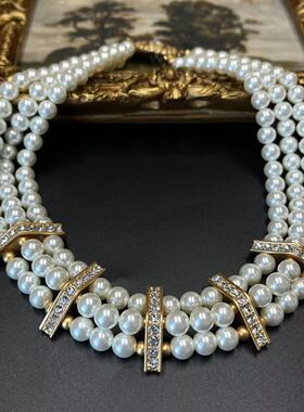 中古琉璃镶水钻多排仿珍珠项链欧美夸张大气短款气质锁骨链颈链饰