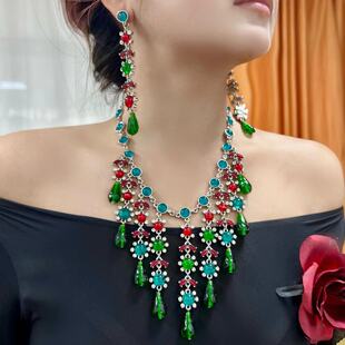 欧美中古重工云纹琉璃流苏项链复古宫廷风设计耳钉颈链套装女