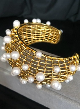 铜镀真金高档手镯镂空设计镶珍珠手环重工西洋复古董百搭女潮首饰