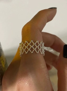 韩国东大门同款编织戒指女小众时尚简约冷淡风开口可调节网格指环