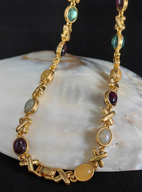 原版复刻中古vintage重工双面糖果彩色琉璃项链复古镀真金女吊坠