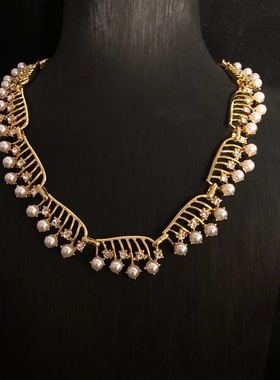 中古vintage饰品镀真金镶珍珠颈链镂空设计项链短款毛衣链女