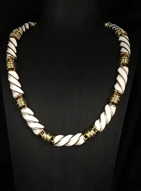 复古简约气质设计感白色珐琅釉镀真金短款项链时尚百搭中古毛衣链