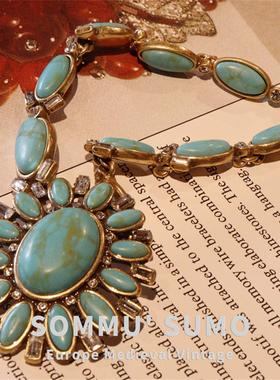 Coro中古vintage小众设计轻奢高级感绿色玛瑙松石项链毛衣链套装