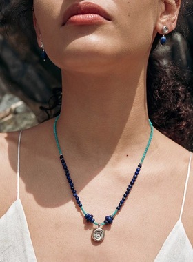 夏新蓝色系深海项链青金石蓝松石多色混珠时髦个性串珠颈链锁骨链