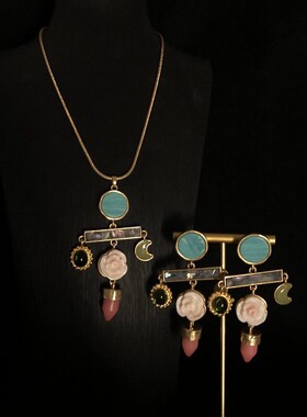 巴洛克不对称流苏耳环绿松石波西米亚风项链耳钉套装独特耳饰项链