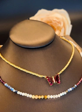 高级感天然石串珠红色锆石蝴蝶项链女时尚复古通勤百搭饰品