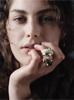 欧美时髦撞色滴釉金属戒指复古设计感开口食指戒小众独特个性指环