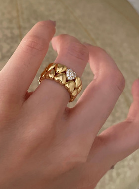 芳伶同款爱心戒指新中式中古镀金镶钻双层叠拼小众桃心指环女