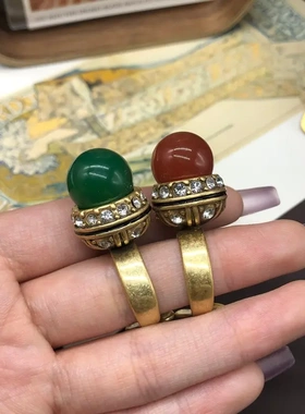 时尚复古创意经典红绿玛瑙镶宝石钻戒指铜材质做旧金中古百搭指环